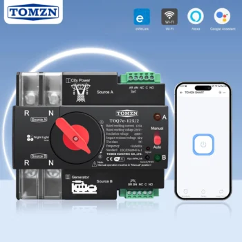 Wifi, 2P 125A ATS, New Black Model, TOMZN Din Rail, App EWelink WIFI Smart ATS Timer 230V Dual Power Automatic Transfer Electrical Selector Switch Uninterrupted By Reliable Electric
